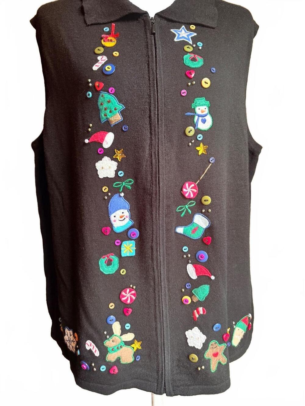 Vintage Embroidered Christmas Sweater Vest Black 1X